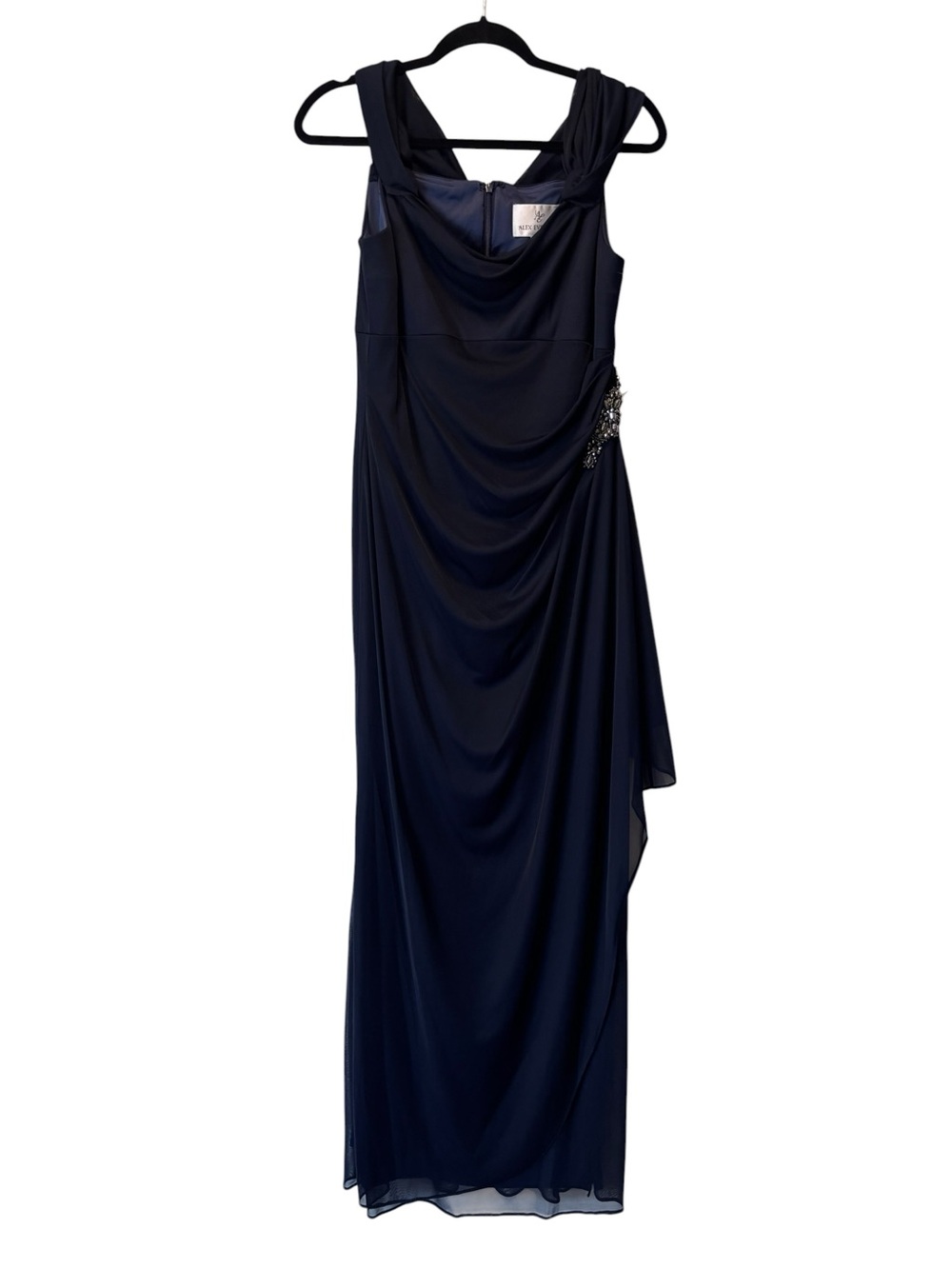 ALEX EVENINGS Embellished Navy Blue Cold Shoulder Column Gown - Picture 6 of 16